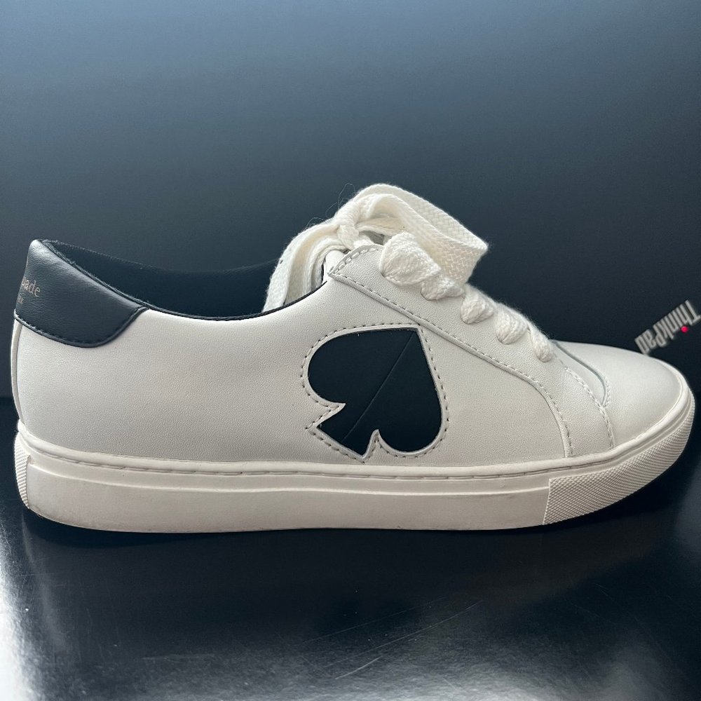 ♠️Kate Spade Signature Fez Court Leather Low-Top Sneaker, Optic White/ Black